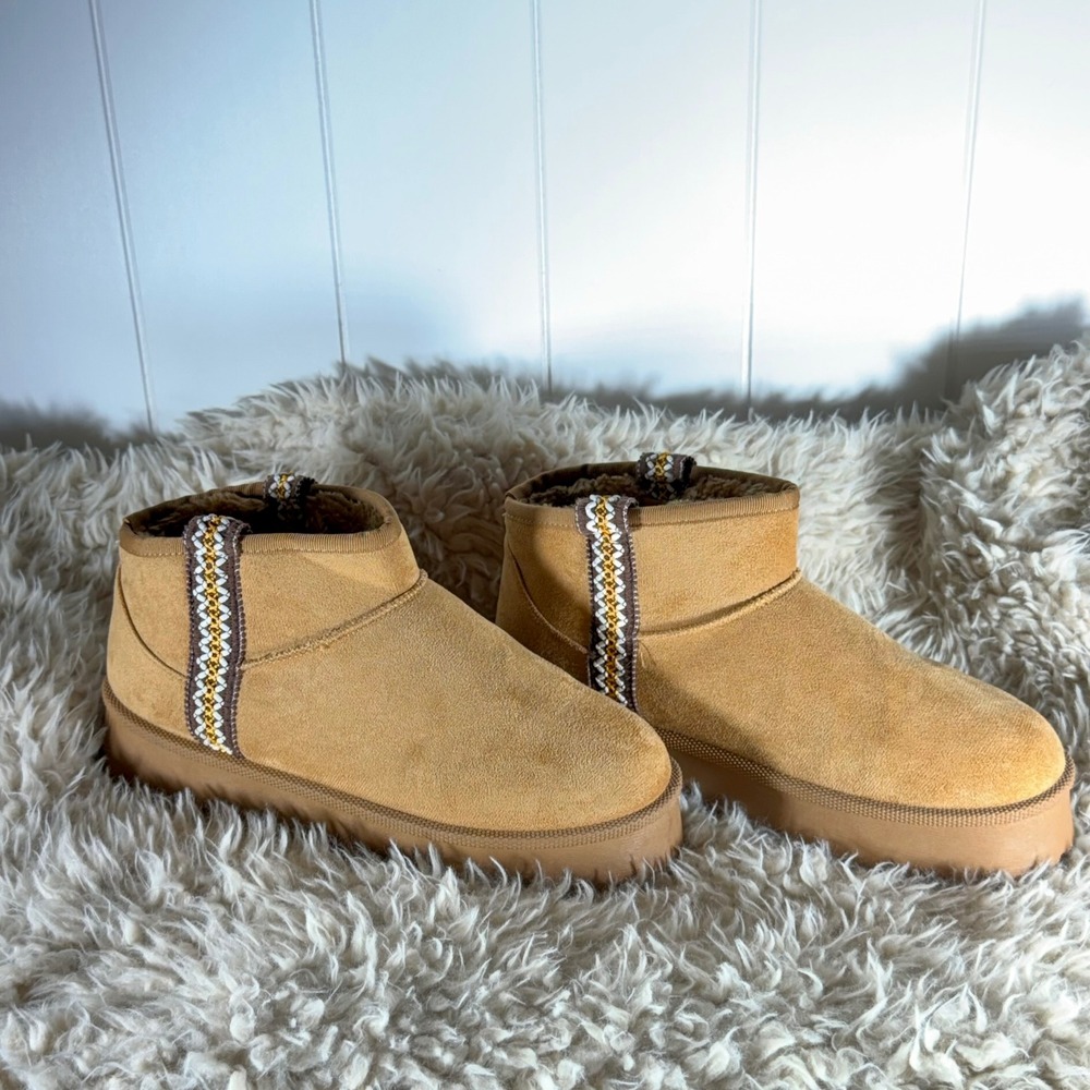 Womens Chestnut Faux Suede Platform Mini Boots Woven Trim Tan Size 9